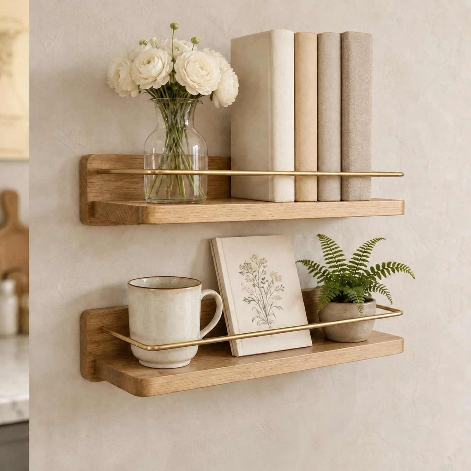 Walnut & Beech Wall-Mounted Shelf with Towel Bar