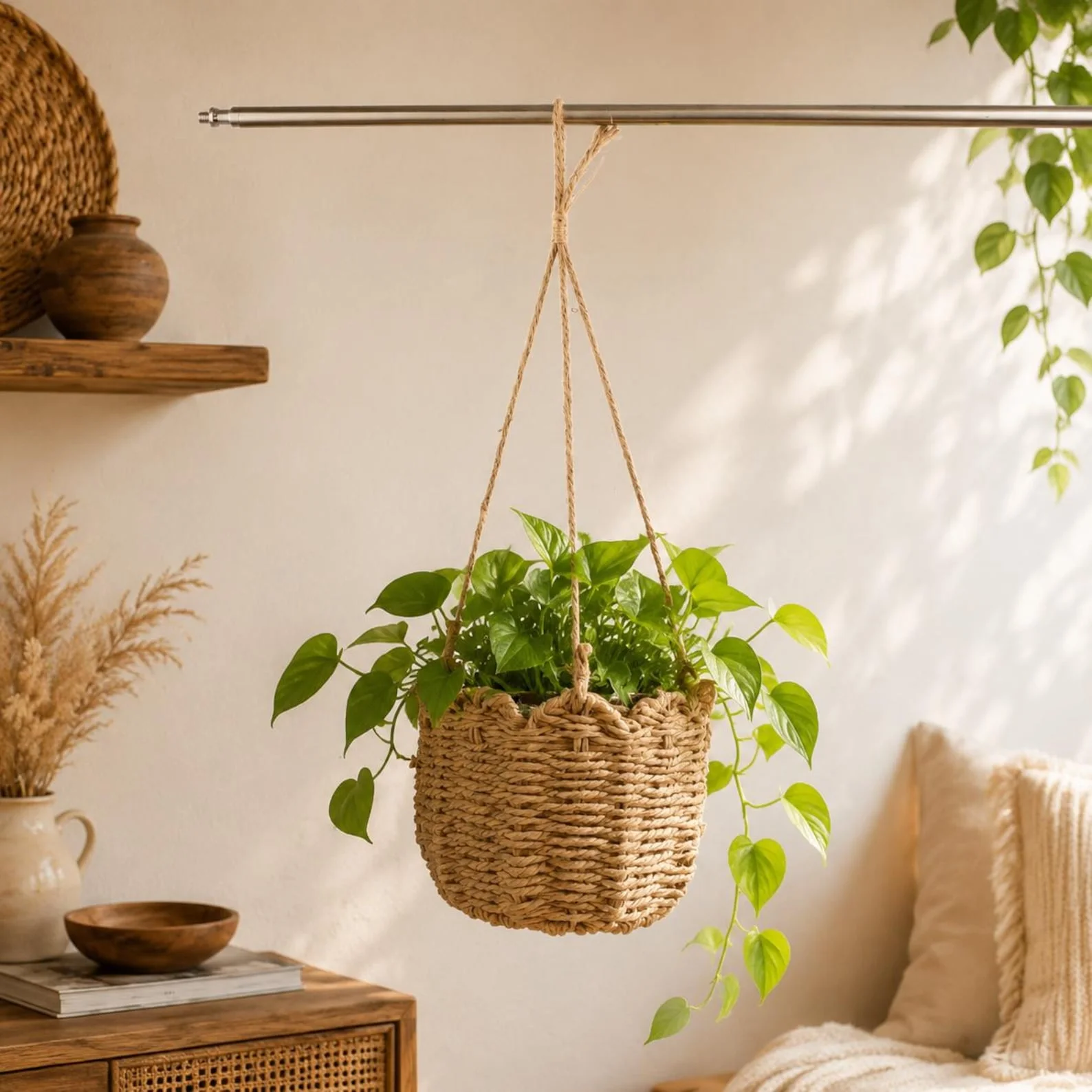 Handwoven Rattan Wall Hanging Basket – Boho Plant Holder