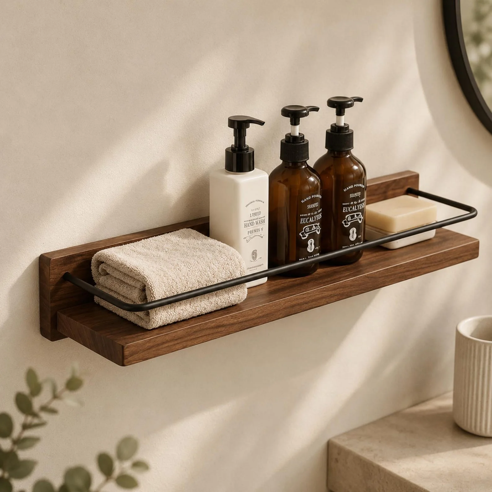 Walnut & Beech Wall-Mounted Shelf with Towel Bar