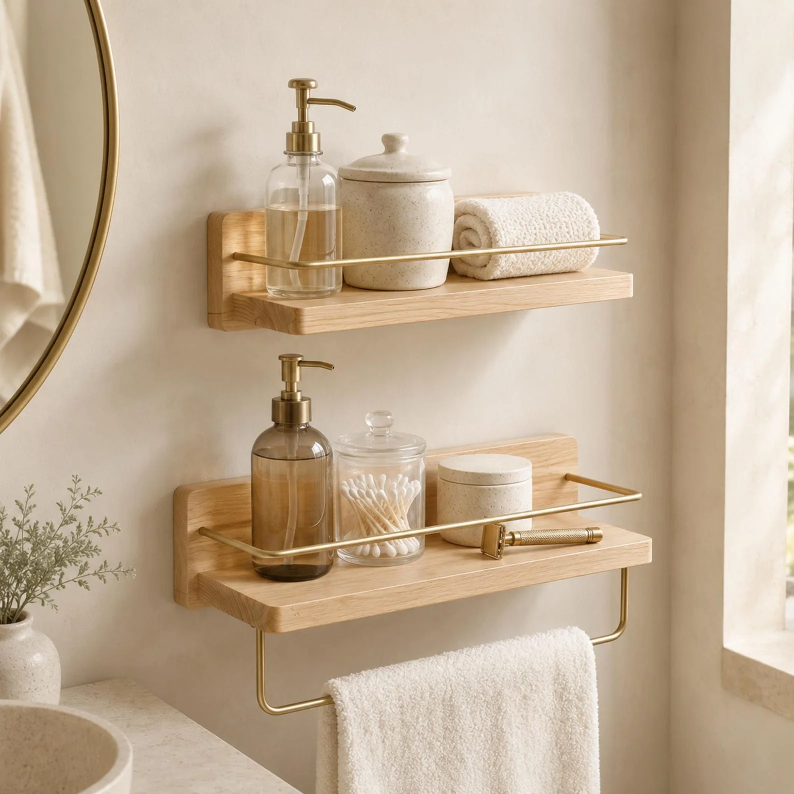 Walnut & Beech Wall-Mounted Shelf with Towel Bar