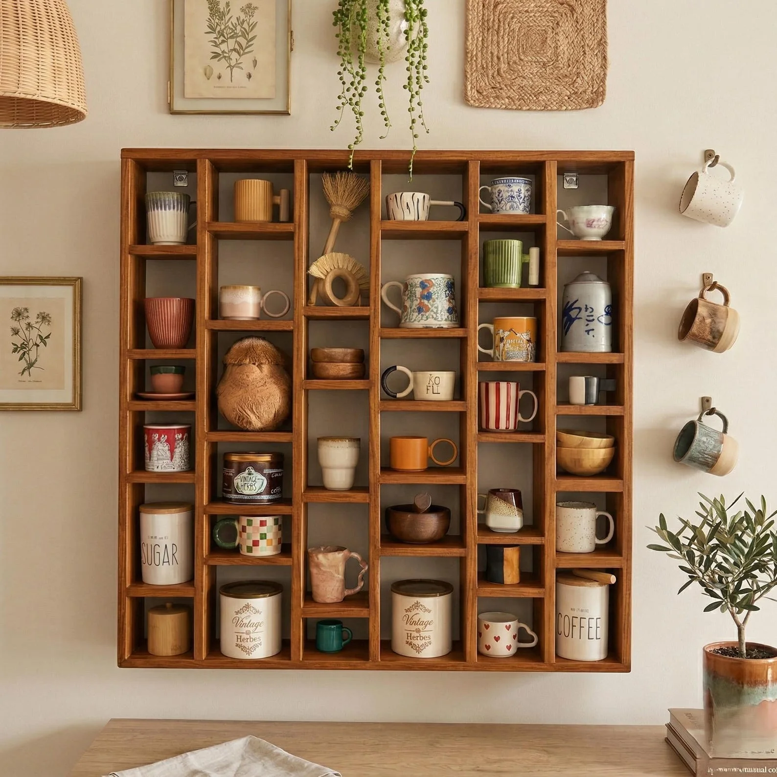 Wooden Mug Organizer Shelf – Coffee Bar Wall Storage Rack