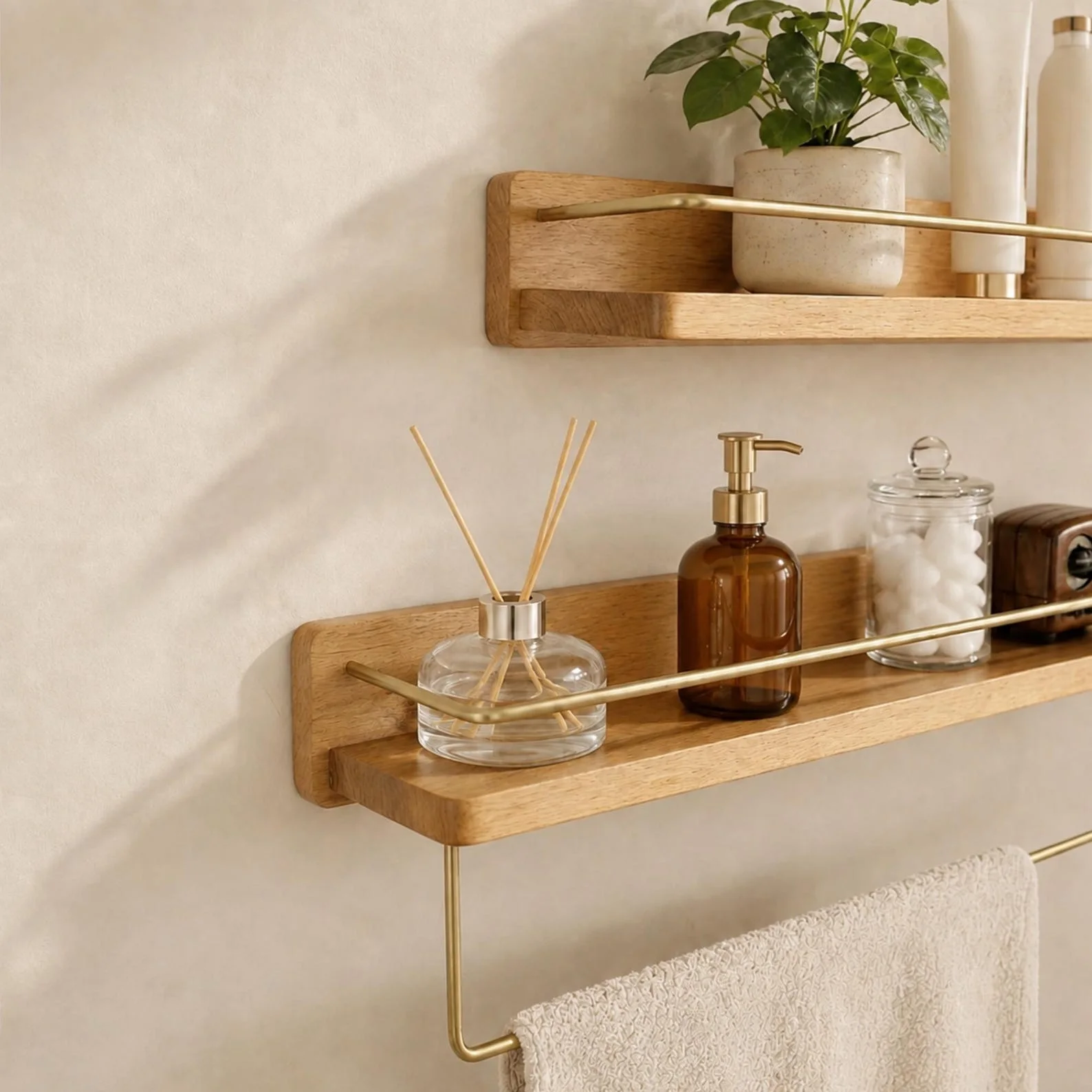 Walnut & Beech Wall-Mounted Shelf with Towel Bar
