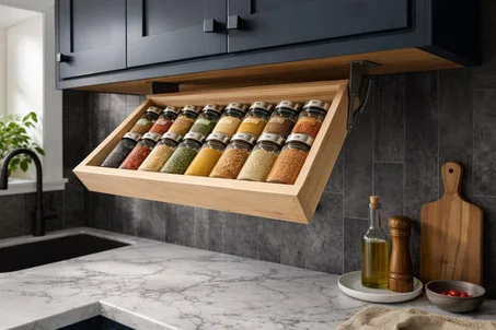 Spice Organization Fold-Down Wooden Rack – Outside Mount Cupboard Organizer
