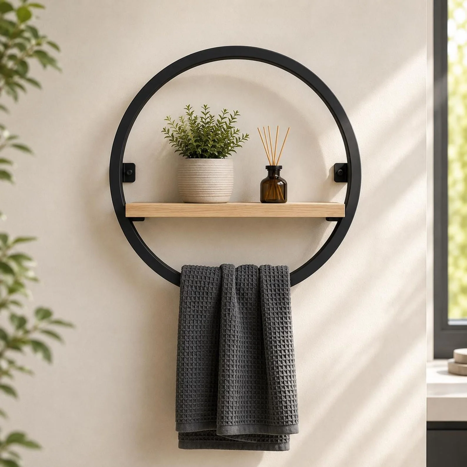 Round Wall-Mounted Towel Rack with Shelf – Modern Bathroom Organizer