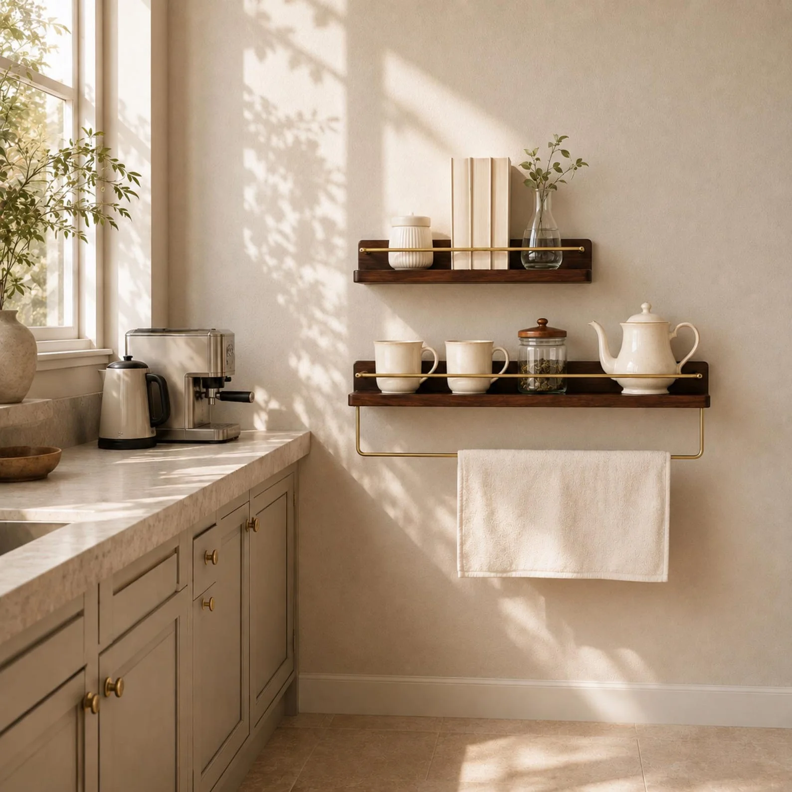 Walnut & Beech Wall-Mounted Shelf with Towel Bar