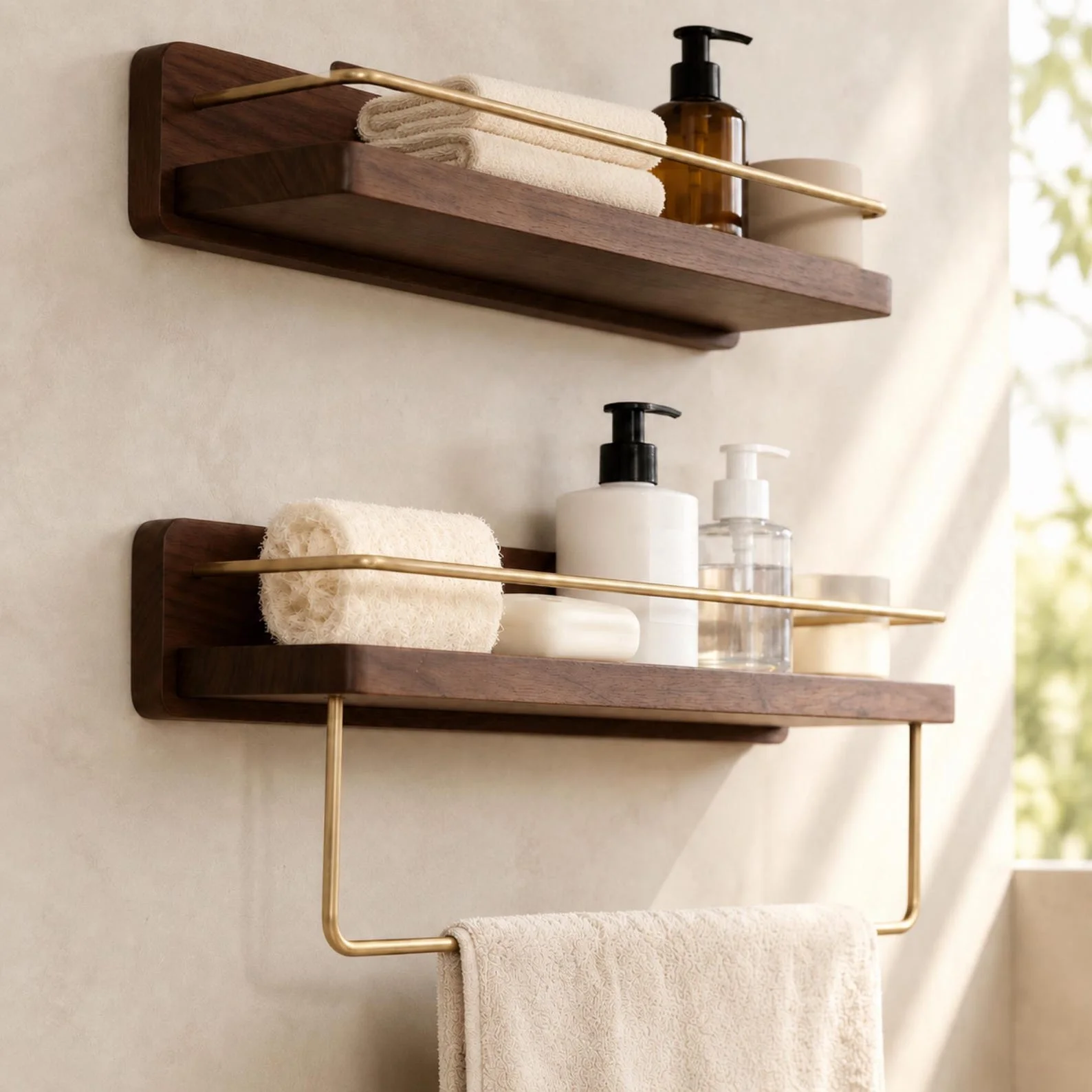 Walnut & Beech Wall-Mounted Shelf with Towel Bar