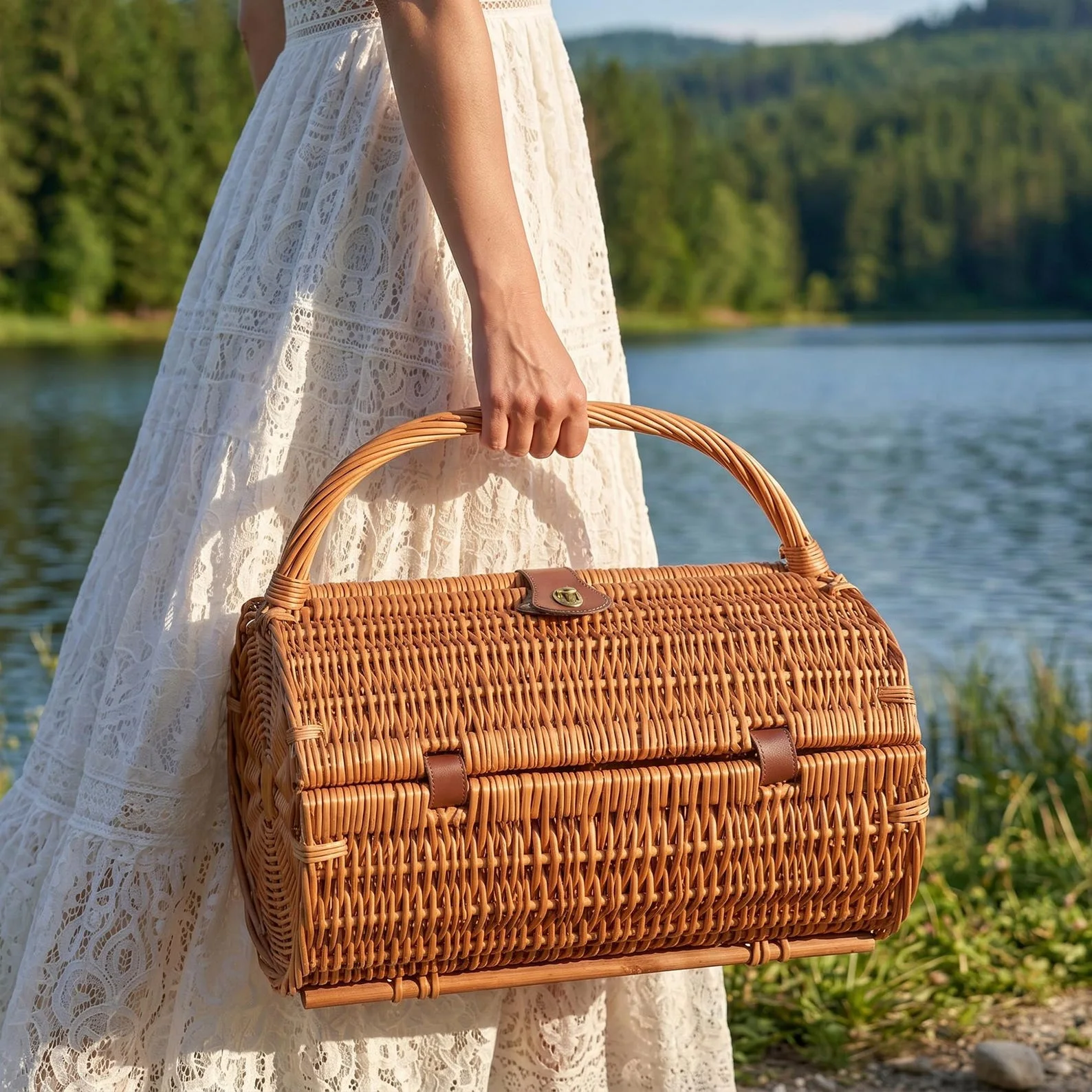 Handwoven Wicker Picnic Basket – Rustic Natural Storage Basket