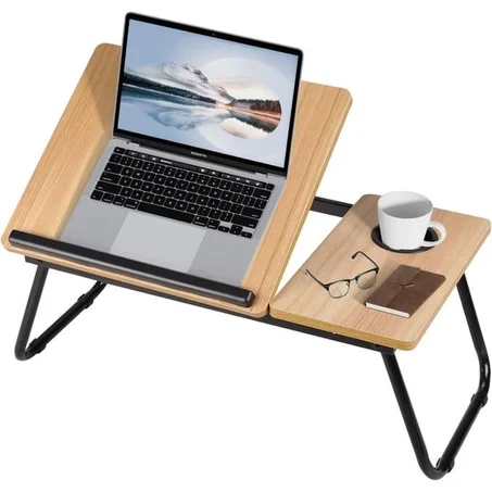 Table de Lit Pliable et Ajustable en Bois pour Ordinateur Portable – Bureau Portable avec Porte-Gobelet