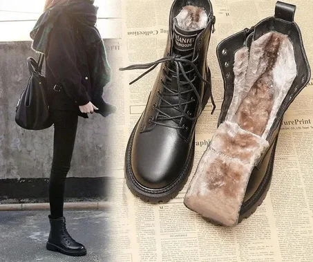 حذاء جلدي اسود فاخر مبطن للنساء