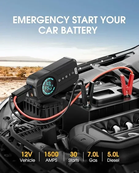 Démarreur de batterie portable avec gonfleur de pneus numérique 150 PSI