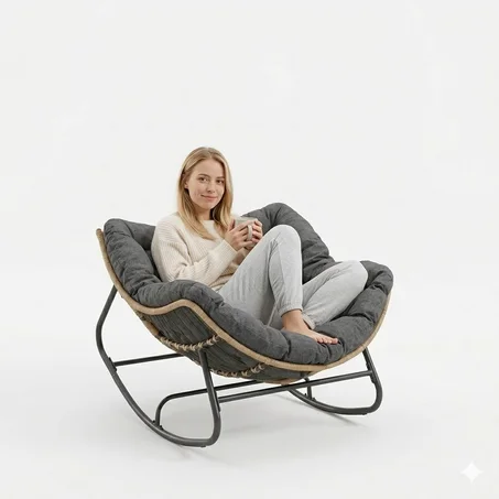 Fauteuil lounge cocooning avec structure métallique et coussin capitonné gris