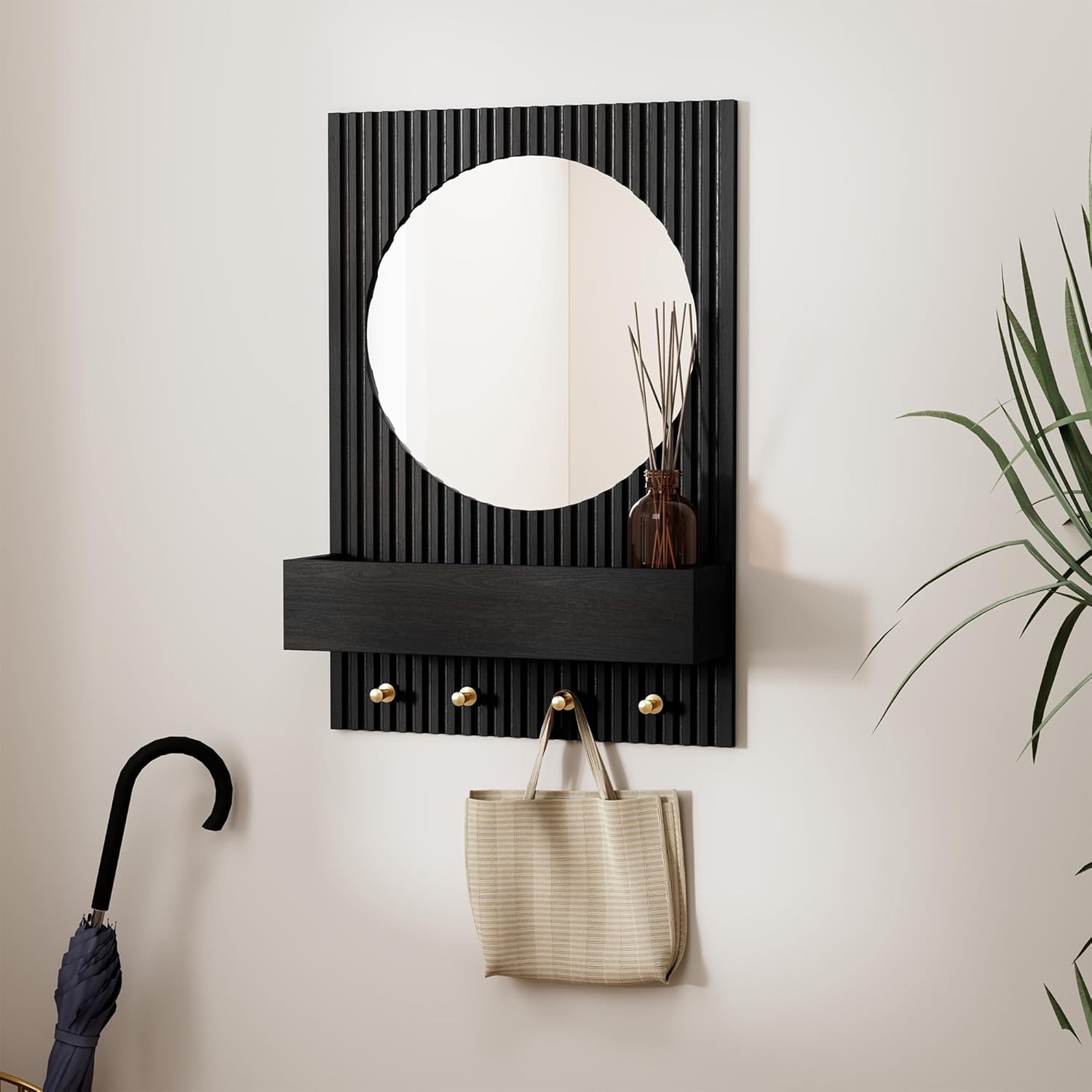 Organisateur d'entrée avec miroir rond, double crochet et étagère