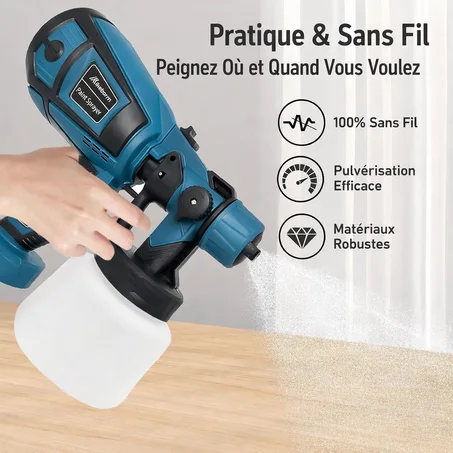 Pistolet de peinture sans fil TEETOK 18V – 1000 ml – 2 batteries + chargeur