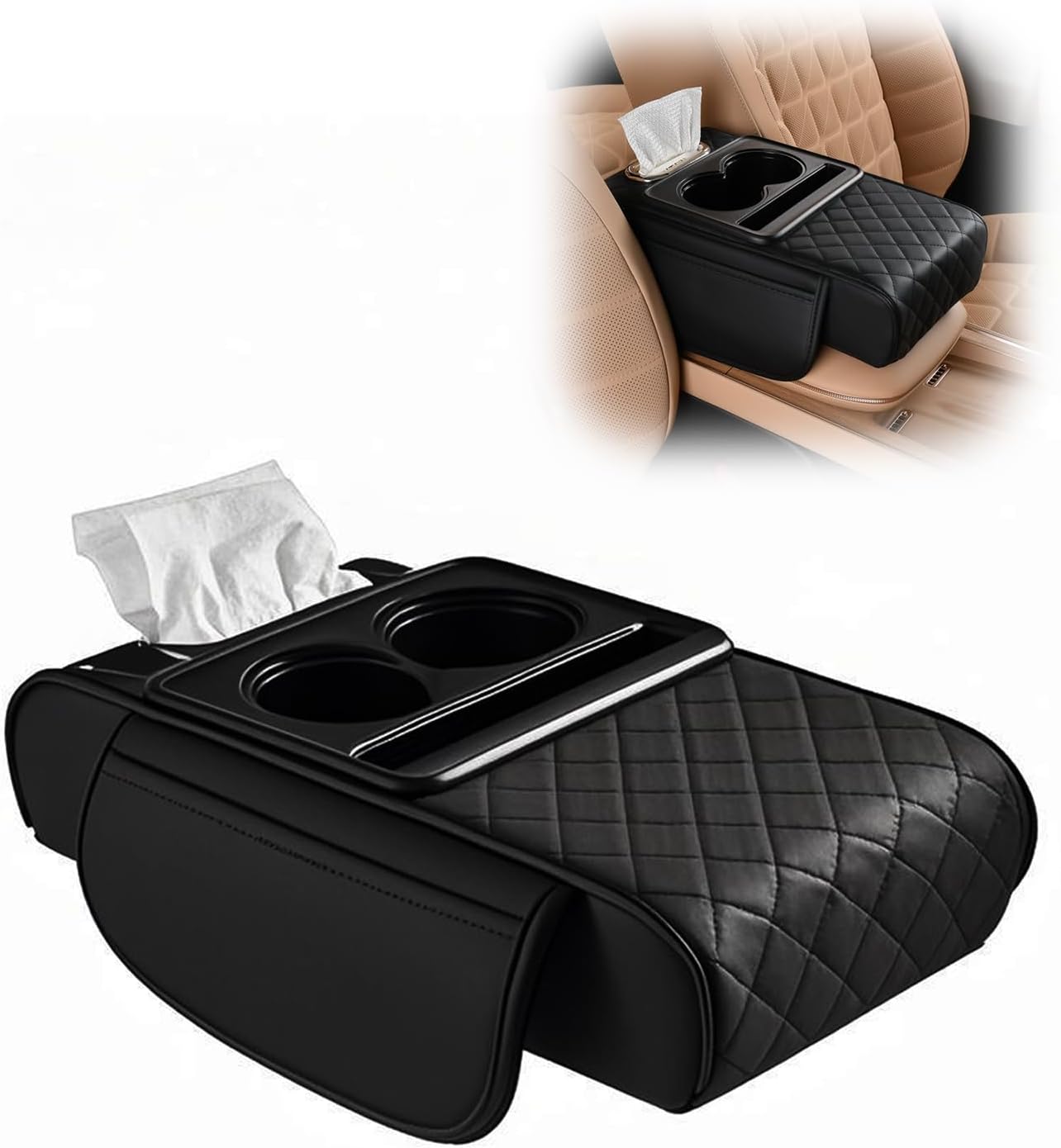 Boîte de rangement pour accoudoir de voiture – Boîte de rangement 2 en 1 pour accoudoir de voiture, boîte de rangement multifonctionnelle pour accoudoir de voiture, coussin d'accoudoir de voi