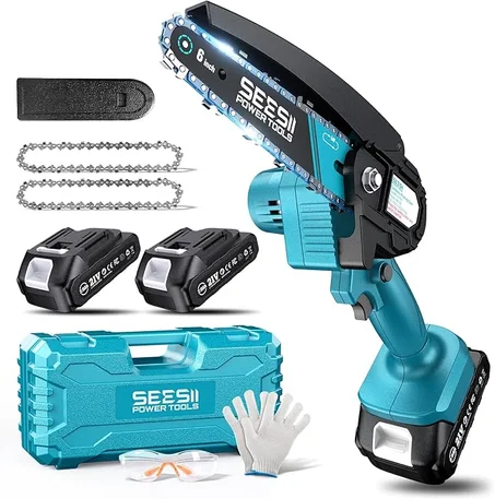 Seesii Mini motosierra, mini motosierra de 6 pulgadas, inalámbrica, de mano, con 2 baterías, para cortar árboles, cortar madera, el mejor regalo para padre, papá, marido, hombres