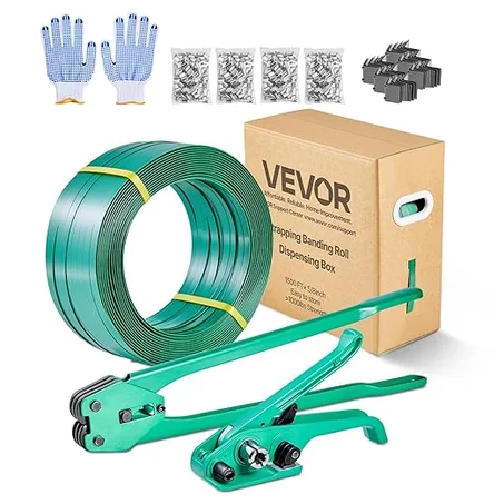 VEVOR Kit de flejado de bandas, herramienta selladora de bandas resistente con banda de PET de 1500 pies, 450 sellos de metal, 150 protectores de esquina y guantes, kit de flejado de embalaje