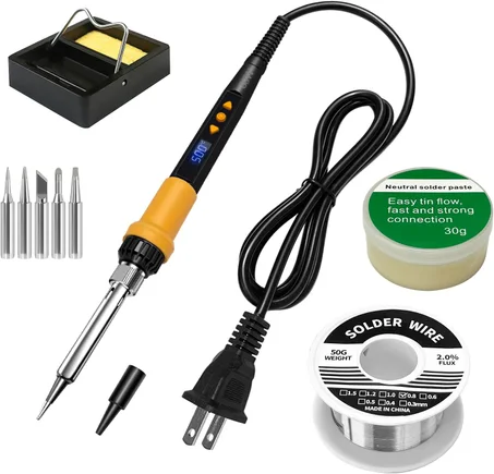 Kit de soldador de 80W con pantalla LED, kit de soldador de temperatura ajustable con modo de suspensión automático, incluye 5 puntas, cable de soldadura, soporte, fundente, herramienta profe