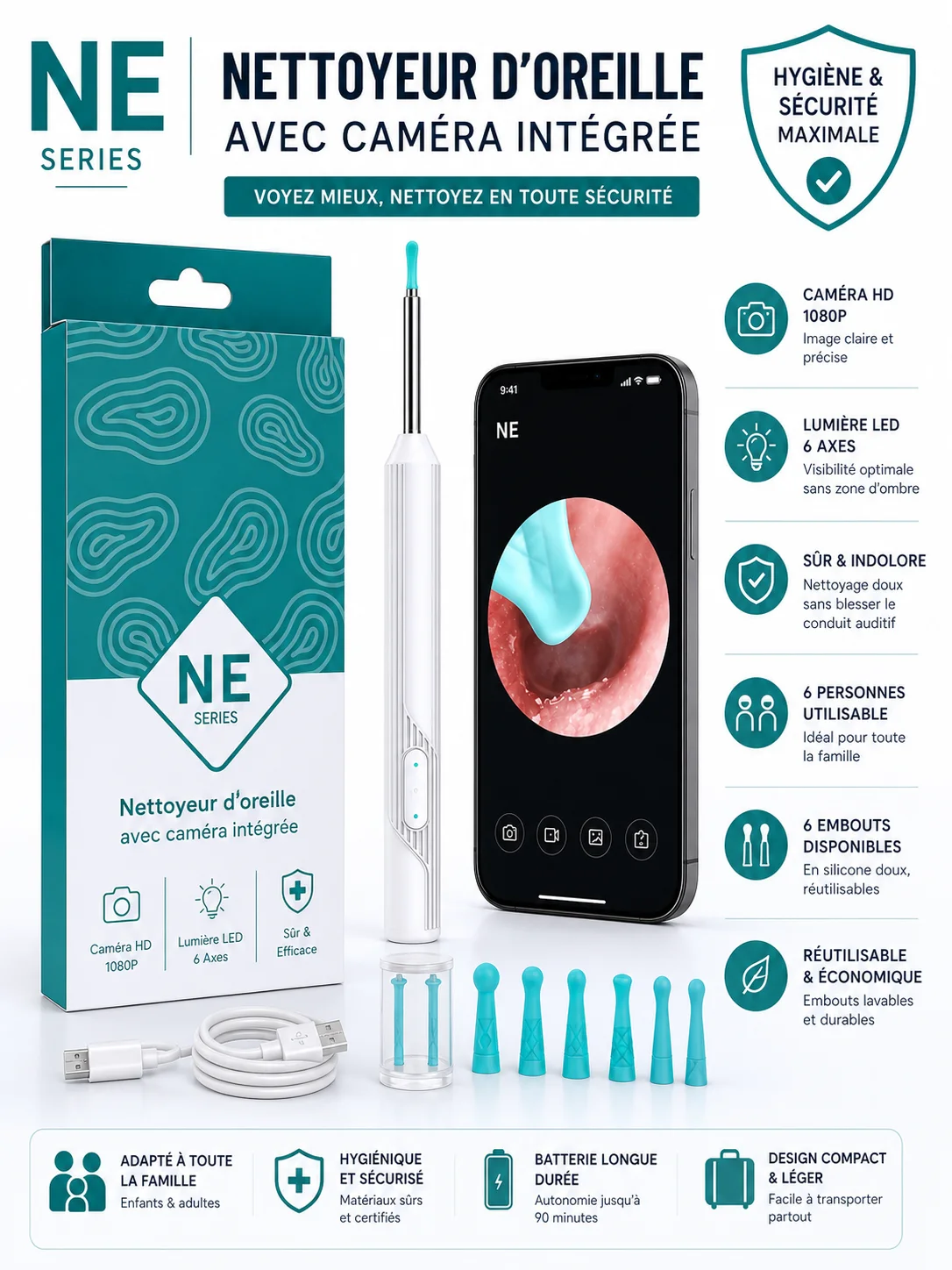 Nettoyeur d'oreille avec caméra HD