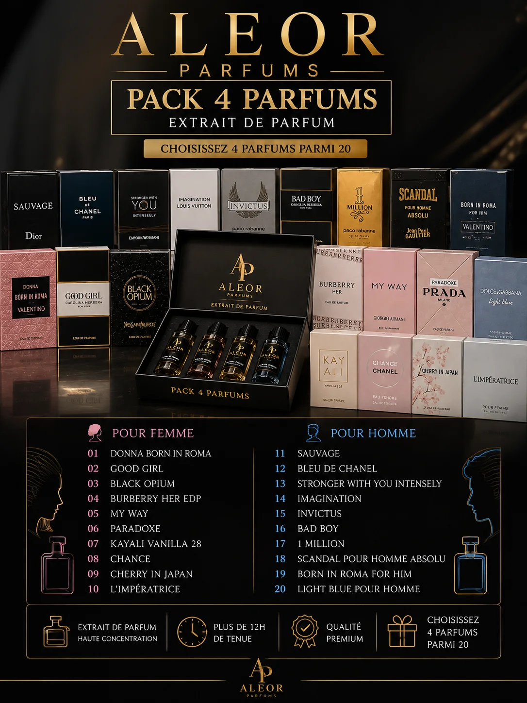 PACK 4 PARFUMS ALEOR – اختر عطورك المفضلة بنفسك رجالي او نسائي او الاثنين معا  ✨ 4 عطور... اختيارك أنت!