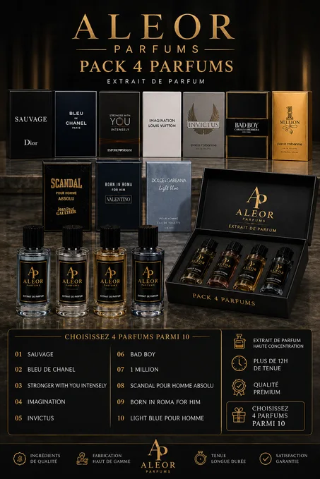 PACK 4 PARFUMS HOMME – اختر 4 عطور رجالية من ALEOR  ✨ رجولة، فخامة، واختيار يناسب شخصيتك.