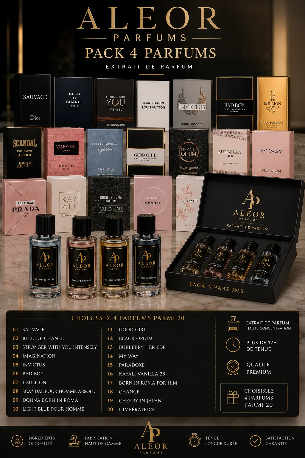 PACK 4 PARFUMS ALEOR – اختر عطورك المفضلة بنفسك رجالي او نسائي او الاثنين معا  ✨ 4 عطور... اختيارك أنت!