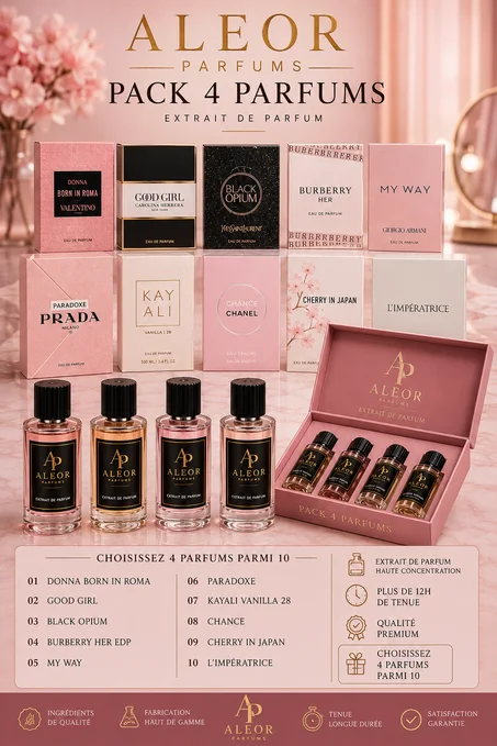 PACK 4 PARFUMS FEMME – اختاري 4 عطور نسائية من ALEOR  ✨ أنوثة، أناقة، واختيارات تناسب جميع الأذواق.