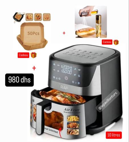 Pack composé d’une friteuse sans huile 10LT avec tiroir transparent + 2 cadeaux offerts: 50pcs papier cuisson et un spray à huile