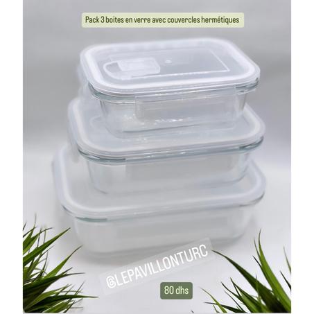 Pack 3 boites en verre avec couvercles hermetiques.