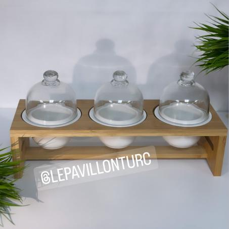 SUPPORT EN BAMBOU + 3 BOLS AVEC COUVERCLES EN VERRE