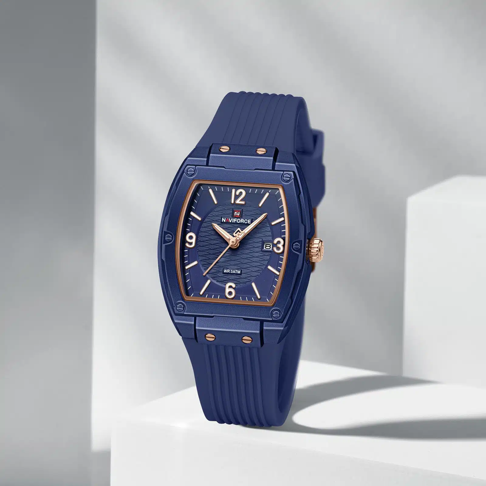 The Naviforce NF5070, also known as "Modern Grace," is a rectangular quartz watch designed for women.