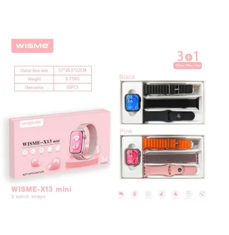 Wisme X13 Ultra Mini Smart Watch 38MM Display With 3 Pair Straps Designed For Womens and Girls | Pink