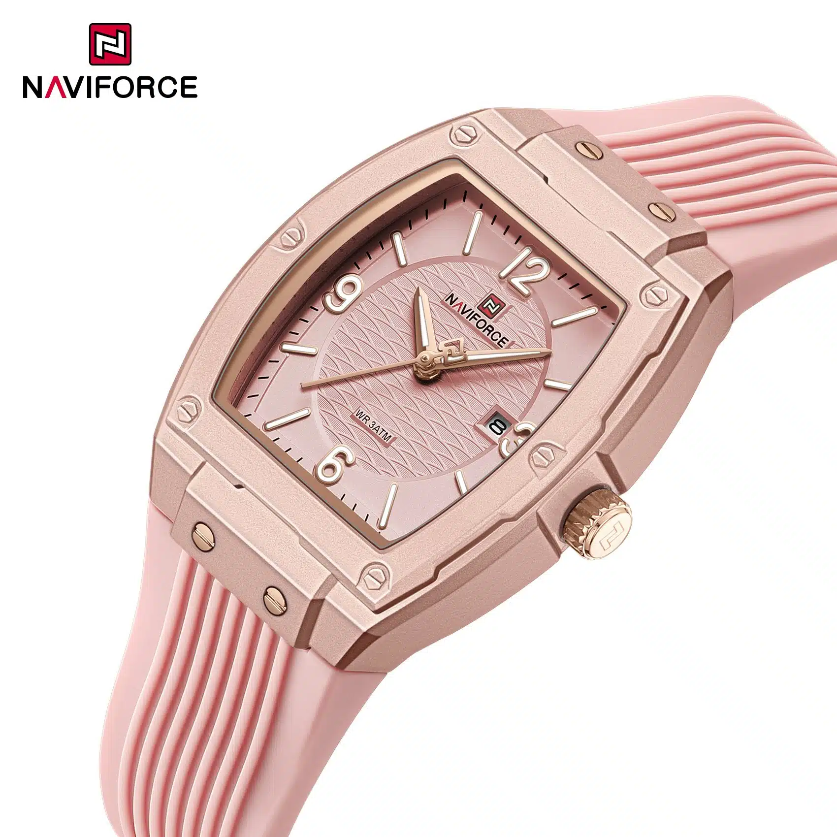 The Naviforce NF5070, also known as "Modern Grace," is a rectangular quartz watch designed for women.