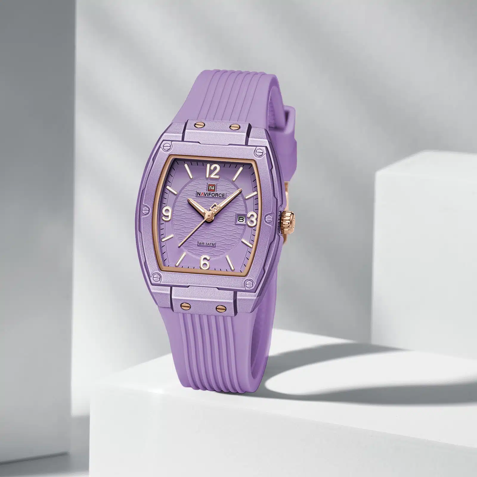 The Naviforce NF5070, also known as "Modern Grace," is a rectangular quartz watch designed for women.