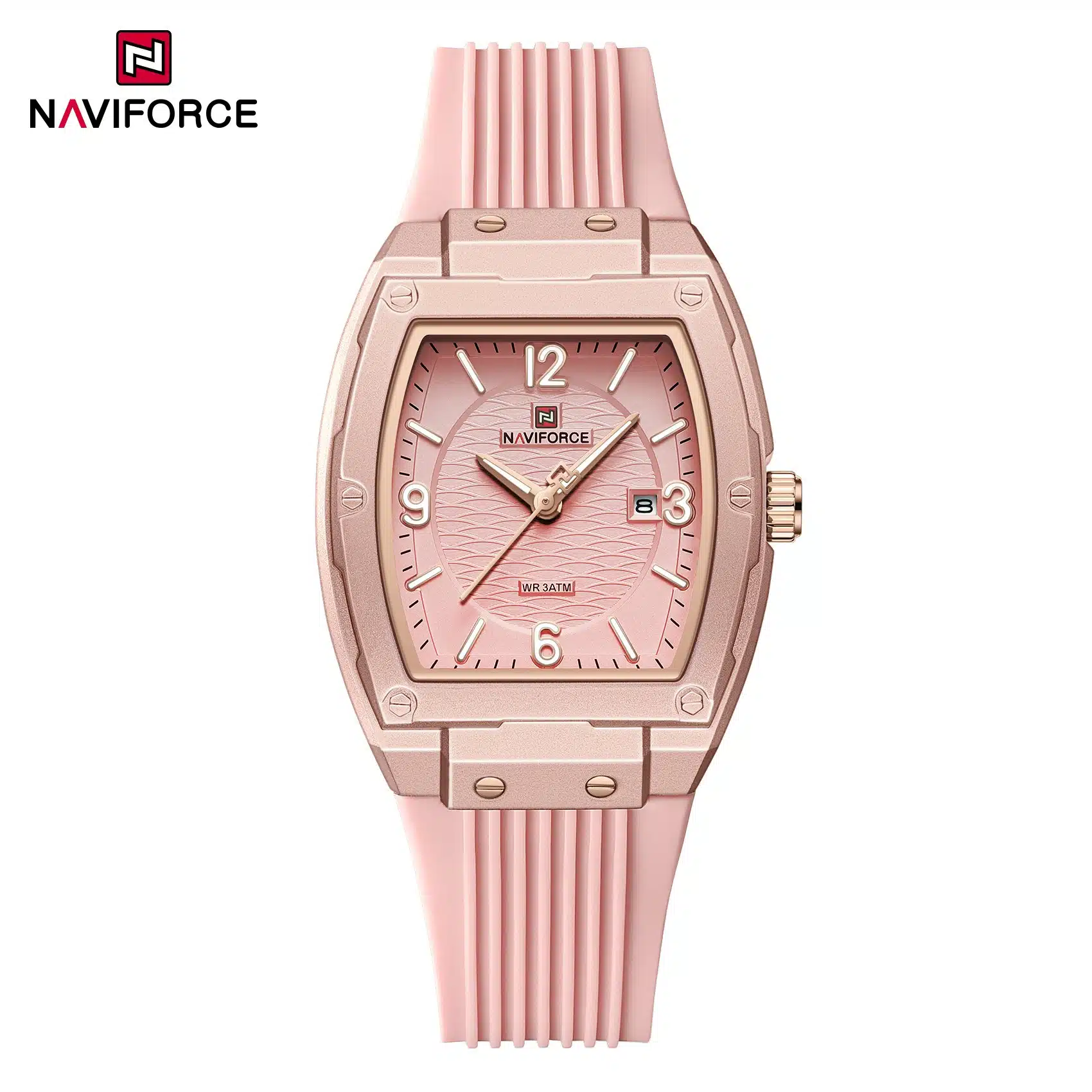 The Naviforce NF5070, also known as "Modern Grace," is a rectangular quartz watch designed for women.