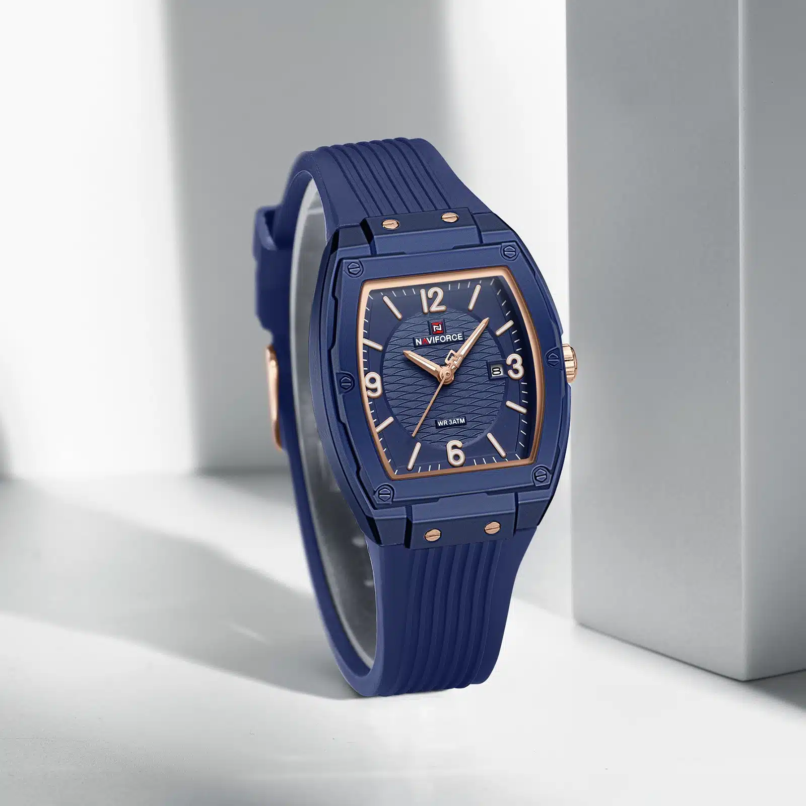 The Naviforce NF5070, also known as "Modern Grace," is a rectangular quartz watch designed for women.