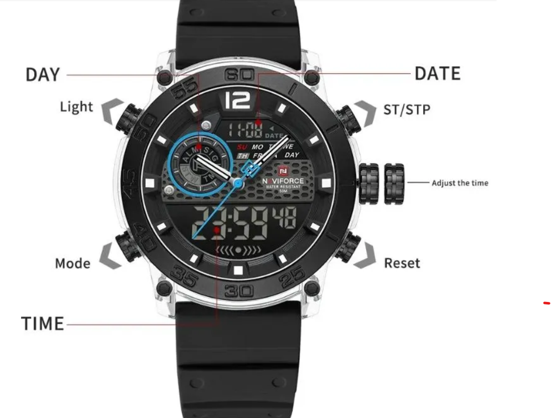 NAVIFORCE Watch 6104 Men Sport Calendar Original Chronograph Waterproof Luxury LCD Digital Wristwatch