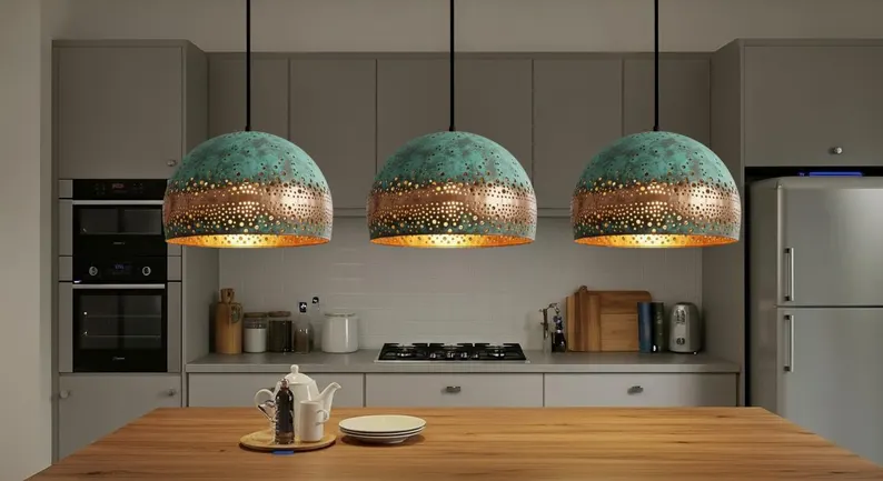 Handcrafted Copper Dome Pendant Lamp, Green Patina, Moroccan Style