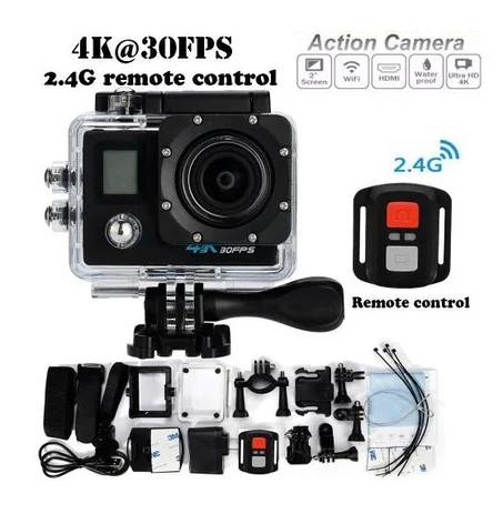 Caméra d'action 4K Sport Ultra HD 4K WiFi Ultra HD DV 16MP 170° + Kit d'accessoires - Noir