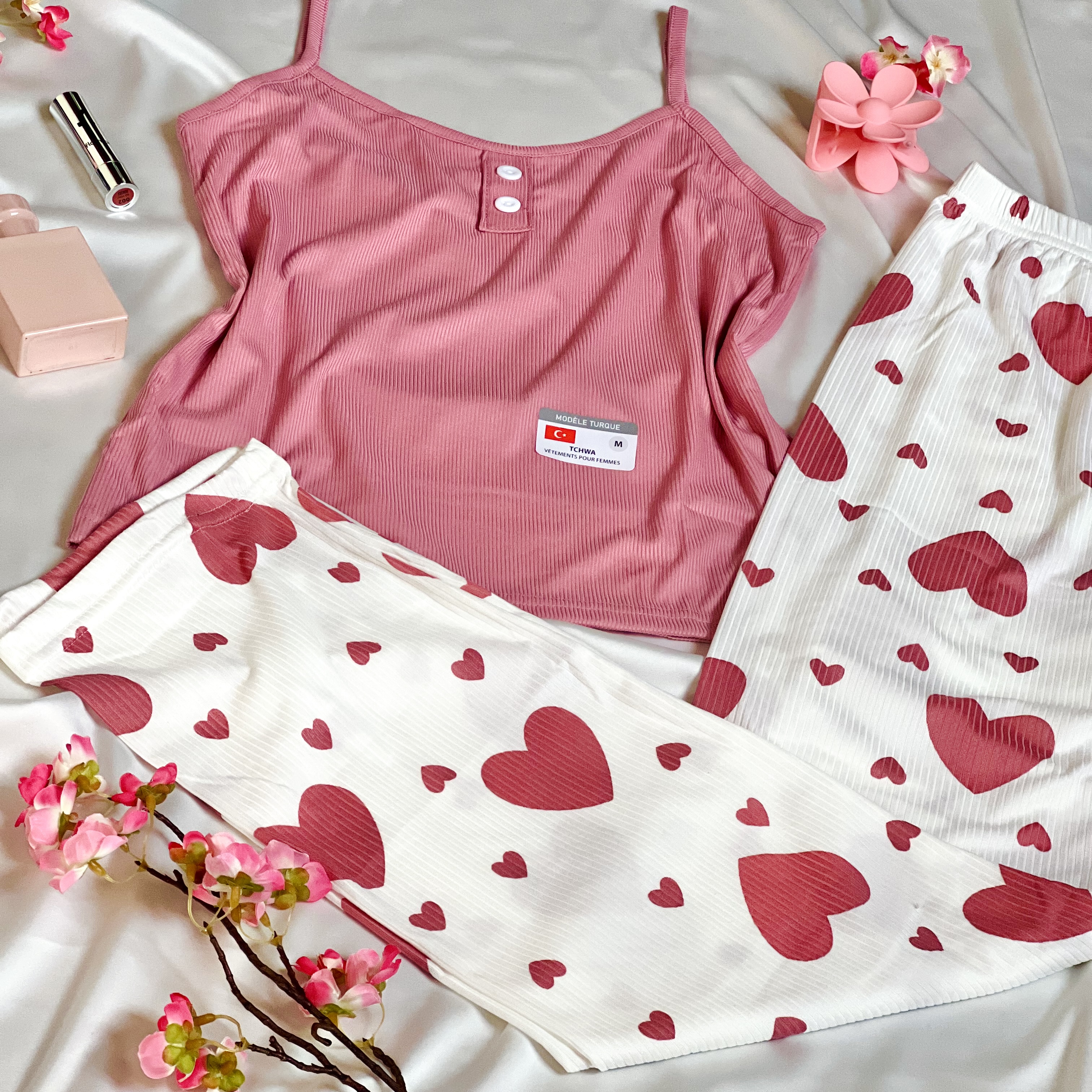 Ensemble de pyjama débardeur et pantalon Saumon avec des coeurs REF/290401