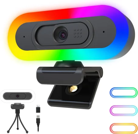 Cámara web de transmisión ToLuLu 2K 50FPS, cámara web LED RGB con micrófono y luz, cámara de computadora con enfoque automático con cubierta y trípode, cámara web USB plug-play para PC de esc