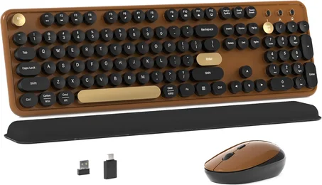 Combo de teclado y mouse inalámbricos coloridos para computadora con teclas redondas estilo máquina de escribir, diseño retro, interruptor de encendido, diseño ergonómico, inalámbrico de 2.4G