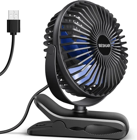 BESKAR Ventilador de clip alimentado por USB, ventilador portátil de 6 pulgadas con cable, 3 velocidades de flujo de aire fuerte, ventilador pequeño con abrazadera resistente, ventilador de e