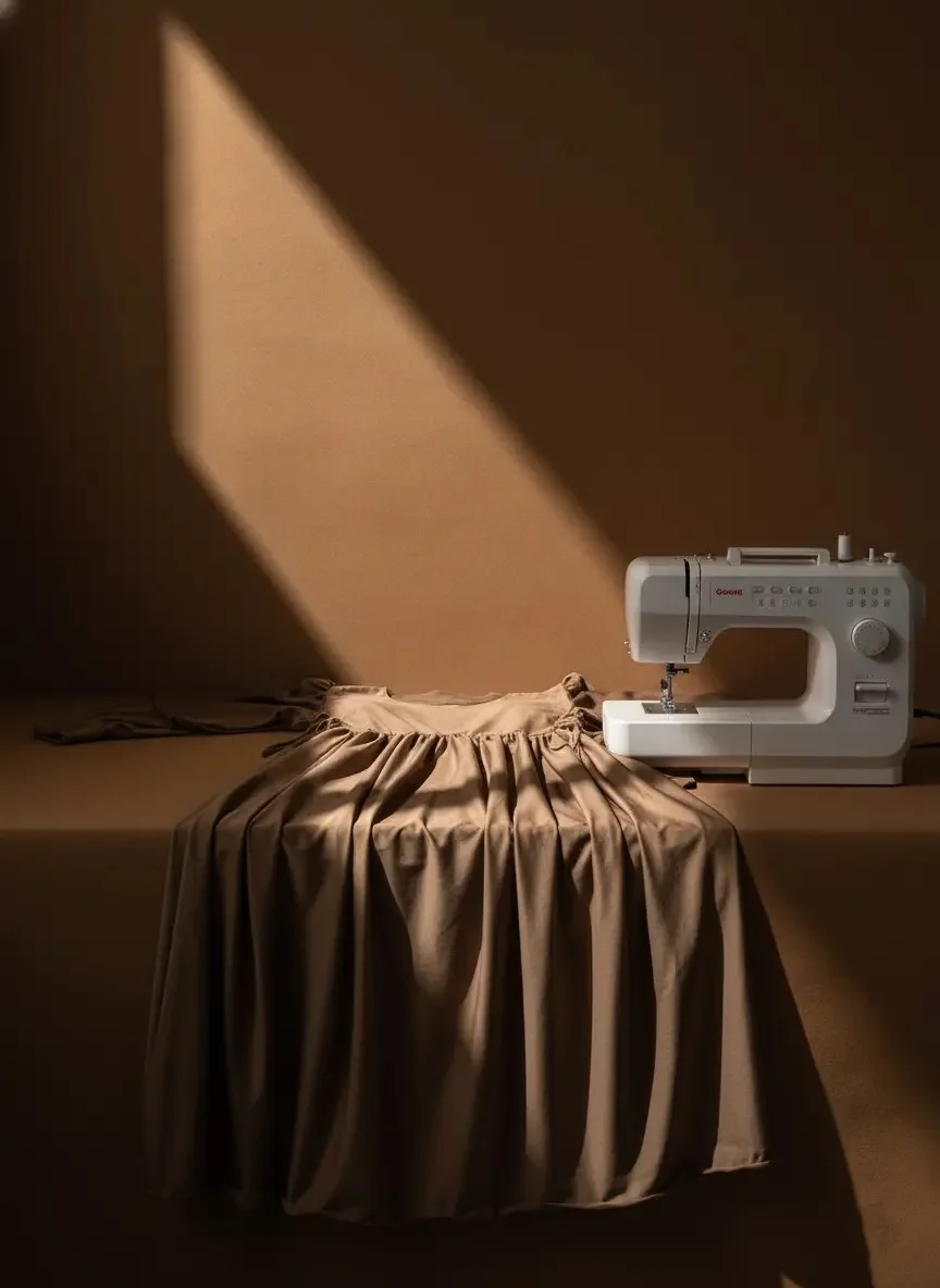 A brown dress being made on a sewing machine in a warmly lit studio.