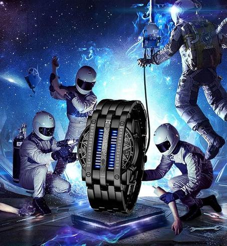 ميكنج تيك ساعة رقمية من بيناري ماتريكس باضاءة LED زرقاء للرجال يد كلاسيكية ابداعية عصرية مطلية باللون الاسود