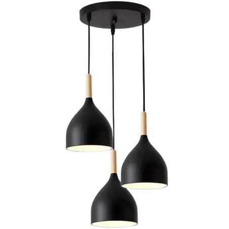 Suspension Rond à 3 pièces en Aluminium Noir, Luminaire avec Support E-27 (Ampoule Incluse)