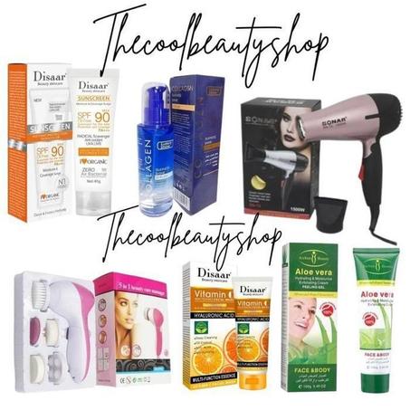 pack pour soins cheveux et visage (séche-cheveux multicolors +serum collagene+ecran invisible+brosse 5 in1 + nettoyant visade+scrub aloe vera)