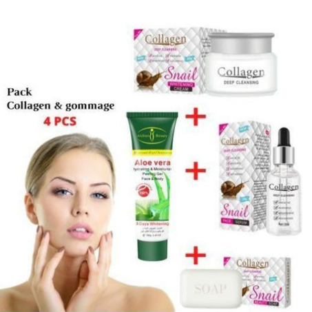 Snail Pack Collagen,savon + Serum + Face crème + Aloe Vera Gel Exfoliant 50g