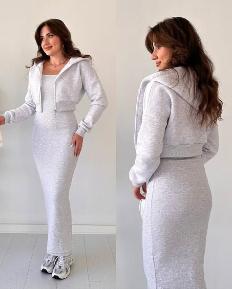 Robe côtelée + hoodie court