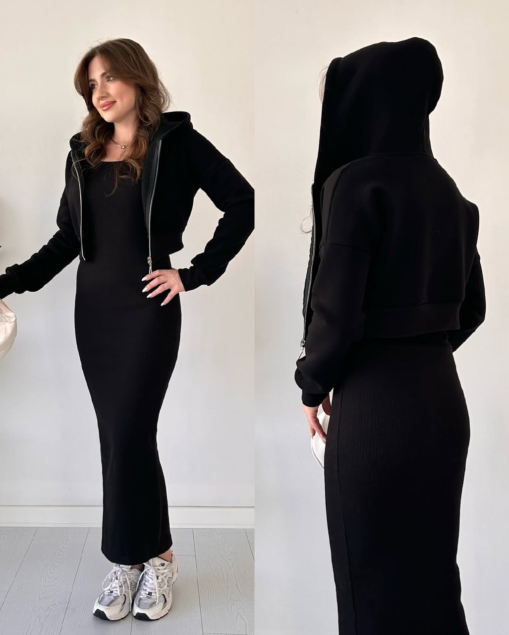 Robe côtelée + hoodie court