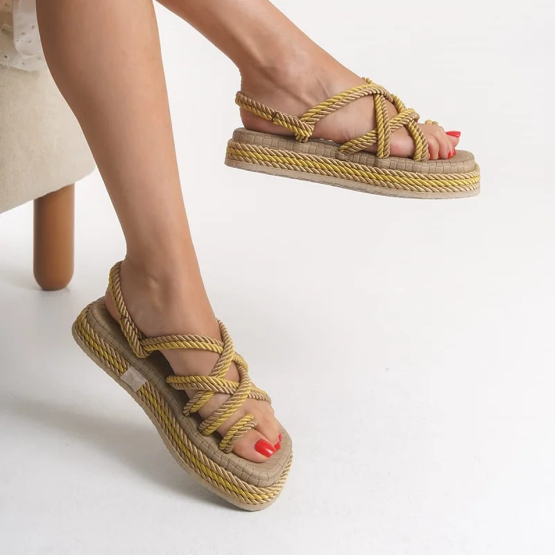 Sandale d’été à cordes modernes (ref-005) – Beige avec touches de jaune doré